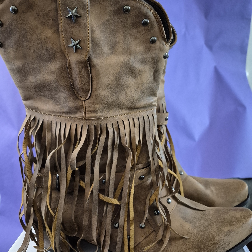 Fringed Western Boots with Star Accents Size 10.5